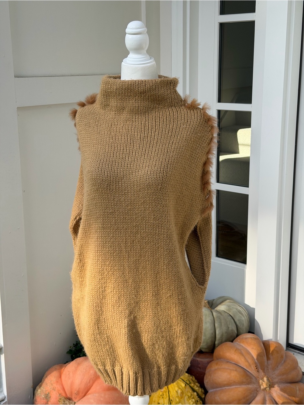Mandorlamara Fur Trim Mock Neck Sweater Vest in Camel